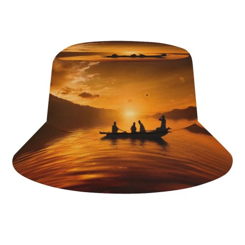 yanfind Adult Fisherman's Hat Sunset Boat Silhouette Dusk Fishing Fisherman Cap Travel Beach Sun protection