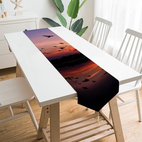 Yanfind Table Runner Backlit Mirror Clouds Sunset Evening Sun Outdoors Scenic Flying Flock Lake Reflection Everyday Dining Wedding Party Holiday Home Decor