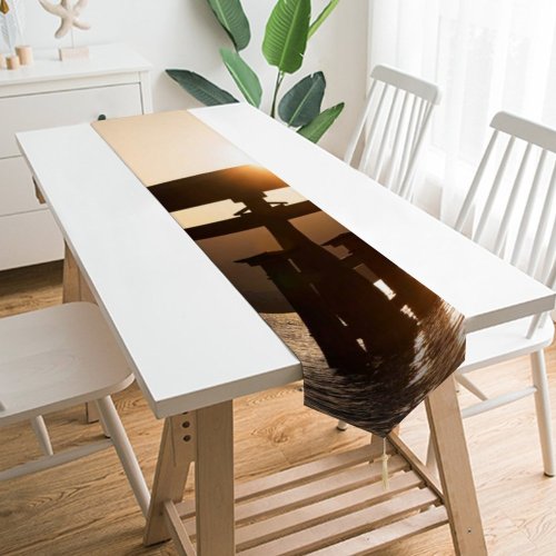 Yanfind Table Runner Backlit Sunset Landscape Evening Pier Light Beach Sun Boat Silhouetted Lake Reflection Everyday Dining Wedding Party Holiday Home Decor