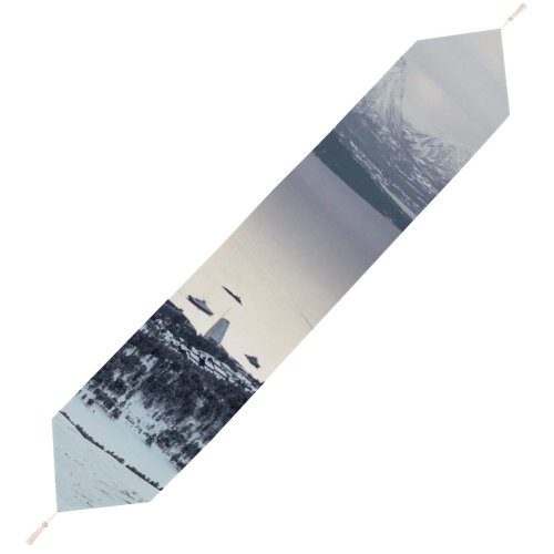 Yanfind Table Runner Boats Capped Winter Season Scenery Icy Mountains Pier Island Pine Sight Snow Everyday Dining Wedding Party Holiday Home Decor
