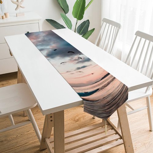 Yanfind Table Runner Beautiful Sunset Evening Kayaking Boat Lake Reflection Dawn Birds Sea Watercraft Fisherman Everyday Dining Wedding Party Holiday Home Decor