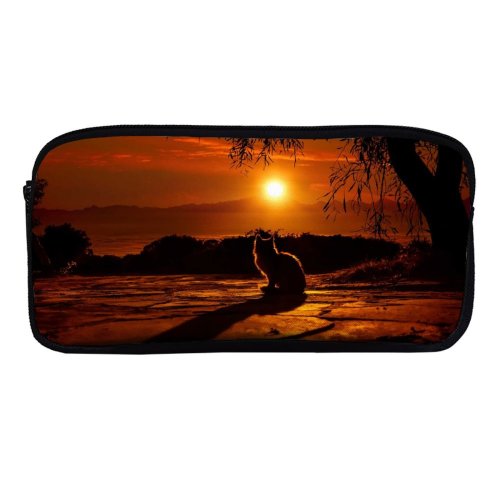 yanfind Pencil Case YHO Elena Dudina Cat Silhouette Sunset Sky Tree Branches Zipper Pens Pouch Bag for Student Office School