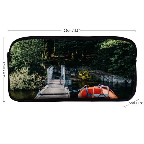 yanfind Pencil Case YHO Boat Dock Tall Watercraft Trees Lake Motorboat Zipper Pens Pouch Bag for Student Office School