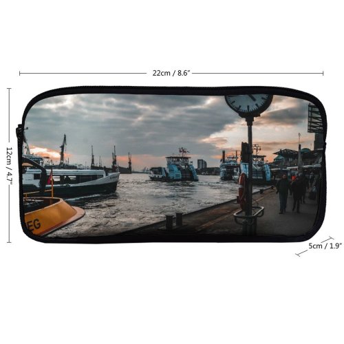 yanfind Pencil Case YHO Boats Coast Docked Clouds Port Sunset Daylight Pier Marina Clock Watercrafts Old Zipper Pens Pouch Bag for Student Office School