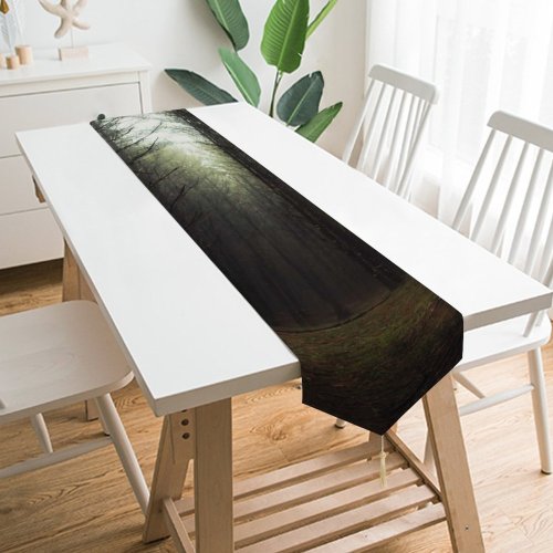 Yanfind Table Runner Backlit Park Fog Dark Foggy Rural Forest Scenic Trees Woods Conifer Countryside Everyday Dining Wedding Party Holiday Home Decor