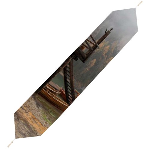 Yanfind Table Runner Boats Coniferous Picturesque Serene Fog Rural Scenery Placid Hazy Mountains Daytime Mm Everyday Dining Wedding Party Holiday Home Decor