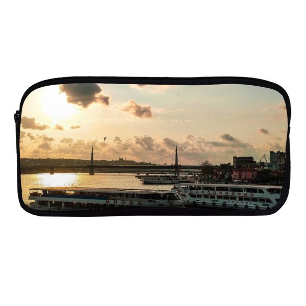 yanfind Pencil Case YHO Boats City Port Sunset Evening Pier Travel Marina Ferry Cruise Watercrafts Dock Zipper Pens Pouch Bag for Student Office School