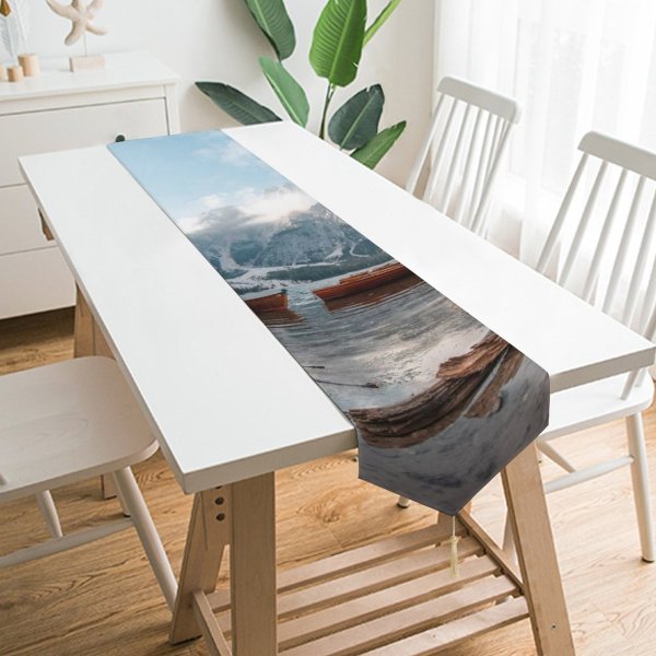 Yanfind Table Runner Boats Capped Frozen Scenery Clouds Icee Freeze Icy Mountains Daytime Cloudiness Snow Everyday Dining Wedding Party Holiday Home Decor