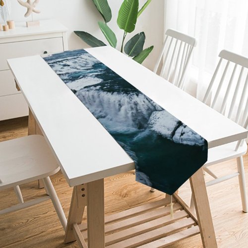 Yanfind Table Runner Drone Glacier Iceland Gulfoss Mountain Snow Waterfall Free Ice Stock Outdoors Everyday Dining Wedding Party Holiday Home Decor