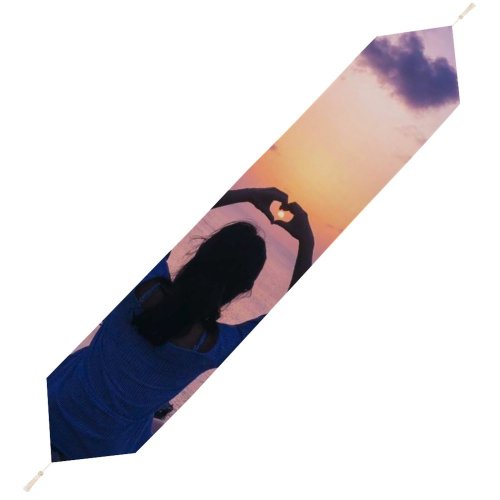 Yanfind Table Runner Boats Backlit Girl Clouds Hands Sunset Landscape Evening Waves Beach Twilight Sun Everyday Dining Wedding Party Holiday Home Decor