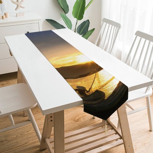 Yanfind Table Runner Boats Backlit Dawn Sunrise Silhouette Canoe Sea Fishermen Watercraft Dusk Lake Sun Everyday Dining Wedding Party Holiday Home Decor