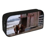 yanfind Pencil Case YHO Rural Barn Farm Bovine Fence Barn Wood Winter Area Cow Snout Calf Zipper Pens Pouch Bag for Student Office School