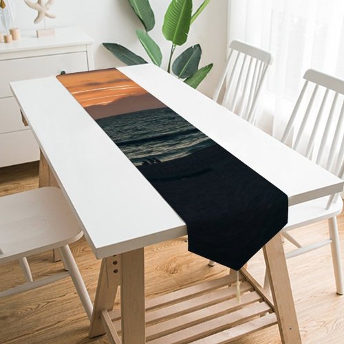 Yanfind Table Runner Backlit Sand Sunset Pier Waves Beach Boat Silhouetted Seashore Volleyball Summer Silhouette Everyday Dining Wedding Party Holiday Home Decor