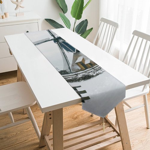 Yanfind Table Runner Building Mill Landscape Mill Sky Architecture Turbine Snow Winter Holland Windmill Wind Everyday Dining Wedding Party Holiday Home Decor