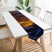 Yanfind Table Runner Boats Dawn Harbor Sky City Buildings Lights Dusk Architecture Cityscape Everyday Dining Wedding Party Holiday Home Decor