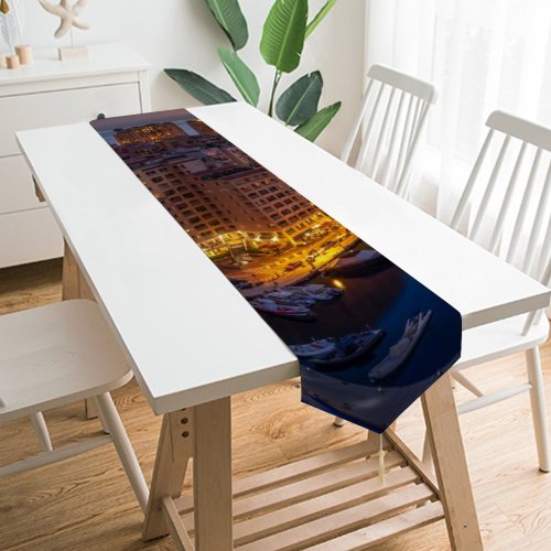 Yanfind Table Runner Boats Dawn Harbor Sky City Buildings Lights Dusk Architecture Cityscape Everyday Dining Wedding Party Holiday Home Decor