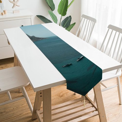 Yanfind Table Runner Boats Coast Rocky Landscape Daylight Mountains Waves Island Beach Outdoors Seashore Bird's Everyday Dining Wedding Party Holiday Home Decor