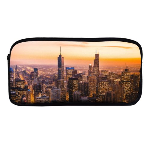 yanfind Pencil Case YHO Chicago Cityscape Skyscrapers Dawn Sunset City Lights Illinois USA Zipper Pens Pouch Bag for Student Office School