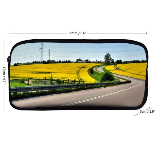 yanfind Pencil Case YHO Rape  HDR Field Scenery Sky Field Natural Mustard Spring Highway Asphalt Zipper Pens Pouch Bag for Student Office School