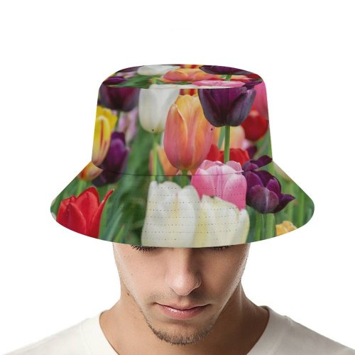 yanfind Adult Fisherman's Hat Flowers Tulip Flowers Multicolor Colorful Tulips Field Purple Beautiful Flower Garden Fishing Fisherman Cap Travel Beach Sun protection