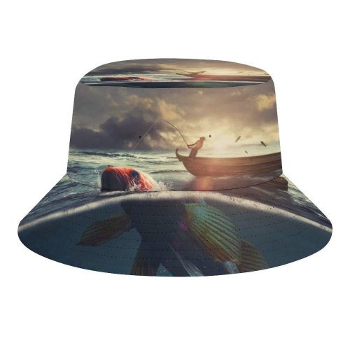 yanfind Adult Fisherman's Hat Fantasy Surreal Fishing Boat Sea Sunrise Underwater Fishing Fisherman Cap Travel Beach Sun protection