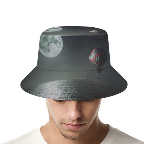 yanfind Adult Fisherman's Hat Fantasy Black Dark Hot Air Balloon Night Moon Dark Sea Stars Fishing Fisherman Cap Travel Beach Sun protection