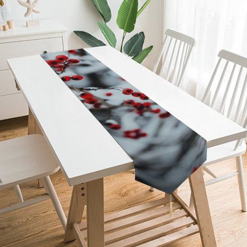 Yanfind Table Runner Blur Frozen Focus Tree Winter Berries Season Icee Wood Icy Frosty Snow Everyday Dining Wedding Party Holiday Home Decor