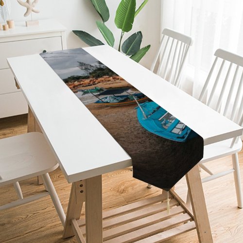 Yanfind Table Runner Boats Clouds Boulders Landscape Daylight Travel Storm Watercrafts Canoe River Outdoors Scenic Everyday Dining Wedding Party Holiday Home Decor