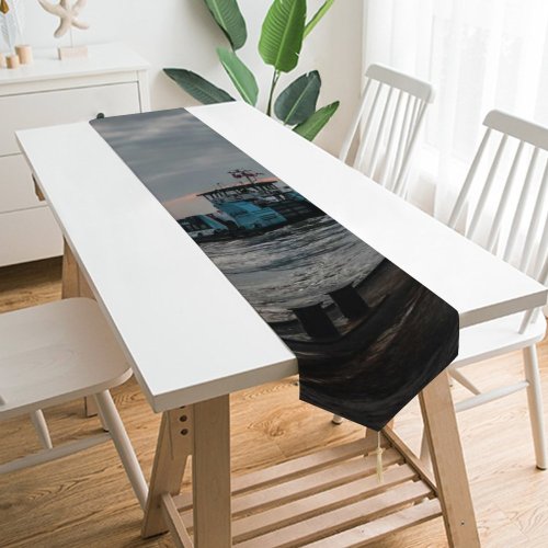 Yanfind Table Runner Boats Coast Docked Clouds Port Sunset Daylight Pier Marina Clock Watercrafts Old Everyday Dining Wedding Party Holiday Home Decor