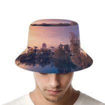 yanfind Adult Fisherman's Hat Sunset Purple Sky Colorful Sky Village Palm Trees Flying Birds Reflection Fishing Fisherman Cap Travel Beach Sun protection