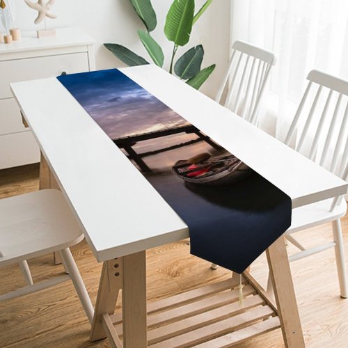 Yanfind Table Runner Boats Dark Clouds Sunset Landscape Evening Travel Bridge Light Sunrise Dock River Everyday Dining Wedding Party Holiday Home Decor