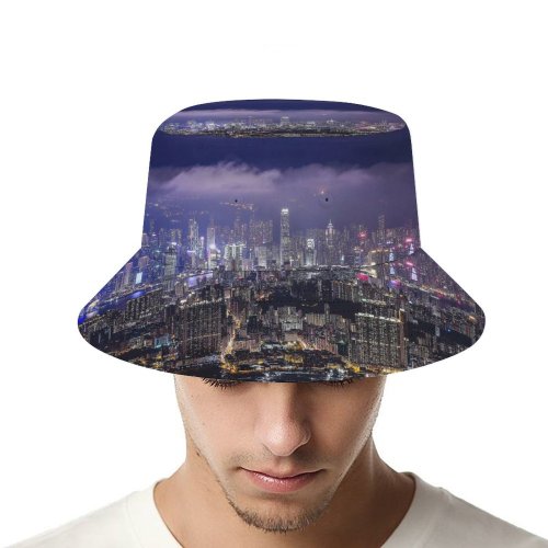 yanfind Adult Fisherman's Hat Cityscape Hong Kong Night City Lights Fishing Fisherman Cap Travel Beach Sun protection