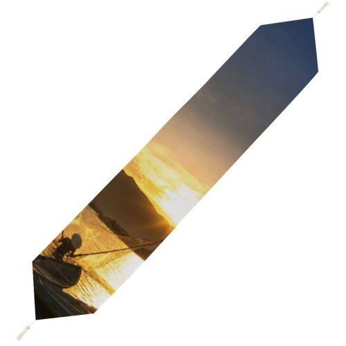 Yanfind Table Runner Boats Backlit Dawn Sunrise Silhouette Canoe Sea Fishermen Watercraft Dusk Lake Sun Everyday Dining Wedding Party Holiday Home Decor