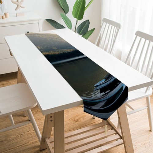 Yanfind Table Runner Boats Clear Serene Scenery Rowboat Mountains Ripples Peaceful Tranquil Transportation Scenic Idyllic Everyday Dining Wedding Party Holiday Home Decor