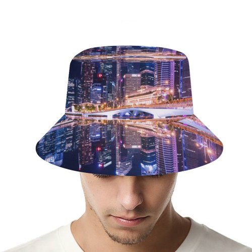 yanfind Adult Fisherman's Hat Pang Yuhao City Singapore Skyscrapers Modern Architecture Reflection Symmetrical Cityscape Nighttime City Fishing Fisherman Cap Travel Beach Sun protection