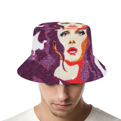 yanfind Adult Fisherman's Hat Texture Fashion Curly Colorful Design Magenta Beatiful Portrait Graphics Girl Art Fictional Fishing Fisherman Cap Travel Beach Sun protection