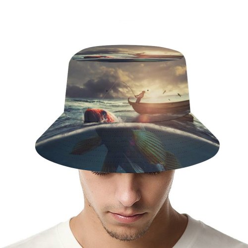 yanfind Adult Fisherman's Hat Fantasy Surreal Fishing Boat Sea Sunrise Underwater Fishing Fisherman Cap Travel Beach Sun protection