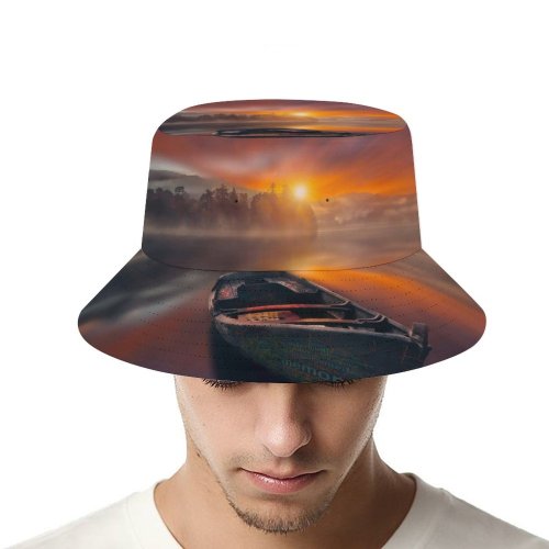 yanfind Adult Fisherman's Hat Hmetosche Sunset Boat Lake Reflections Dawn Mountains Fog Trees Fishing Fisherman Cap Travel Beach Sun protection