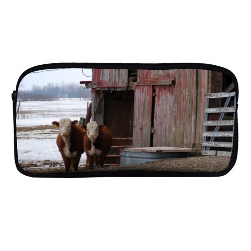 yanfind Pencil Case YHO Rural Barn Farm Bovine Fence Barn Wood Winter Area Cow Snout Calf Zipper Pens Pouch Bag for Student Office School