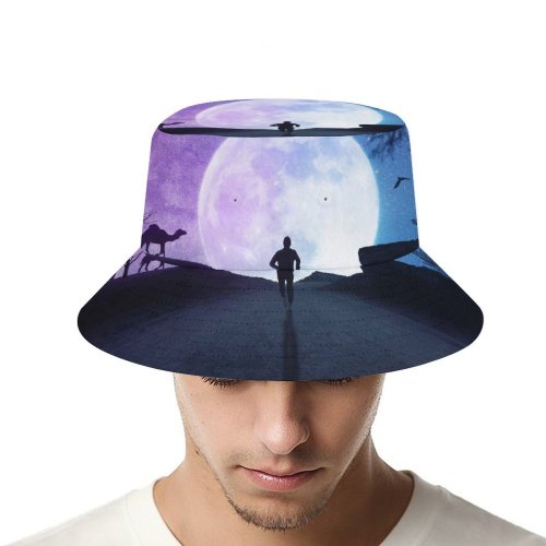yanfind Adult Fisherman's Hat Fantasy Moon Silhouette Running Starry Sky Night Road Fishing Fisherman Cap Travel Beach Sun protection