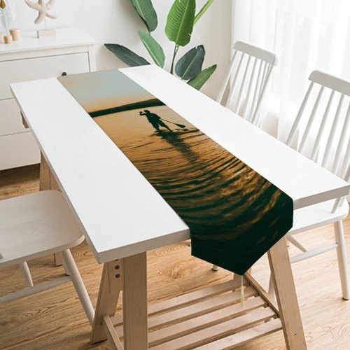 Yanfind Table Runner Boats Calming Paddle Serene Golden Afterglow Scenery Clouds Sunset Cloudiness Paddling Ripples Everyday Dining Wedding Party Holiday Home Decor