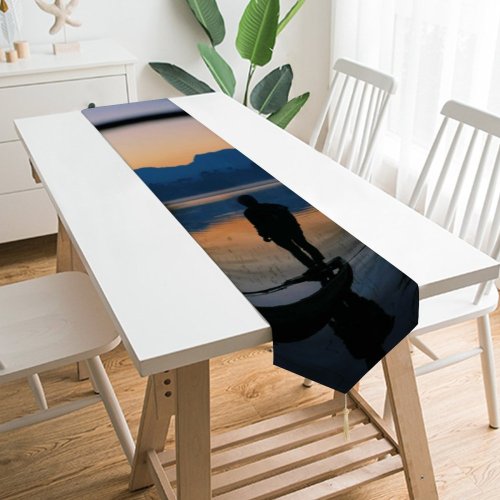 Yanfind Table Runner Backlit Serene Golden Afterglow Stand Scenery Ripples Peaceful Waters Boat Tranquil Canoe Everyday Dining Wedding Party Holiday Home Decor