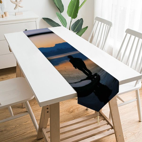 Yanfind Table Runner Backlit Serene Golden Afterglow Stand Scenery Ripples Peaceful Waters Boat Tranquil Canoe Everyday Dining Wedding Party Holiday Home Decor