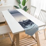 Yanfind Table Runner Boats Capped Winter Season Scenery Icy Mountains Pier Island Pine Sight Snow Everyday Dining Wedding Party Holiday Home Decor