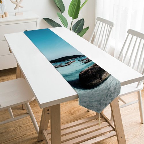 Yanfind Table Runner Boats Clear Tourism Coast Sand Scenery Coastline Clouds Crystal Landscape Daylight Daytime Everyday Dining Wedding Party Holiday Home Decor