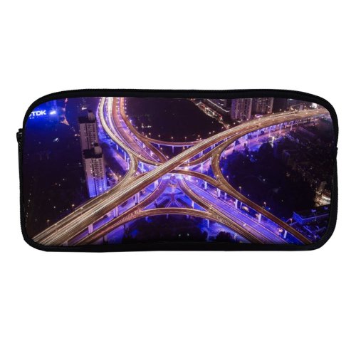 yanfind Pencil Case YHO Denys Nevozhai Interchange Roads Intersection Cityscape Aerial Night Time City Lights Purple Zipper Pens Pouch Bag for Student Office School