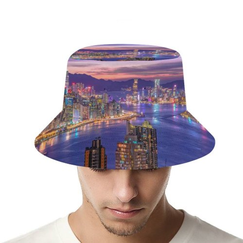 yanfind Adult Fisherman's Hat Daniam Chou City Night Life Cityscape Hong Kong Skyscrapers Purple Sky River Fishing Fisherman Cap Travel Beach Sun protection