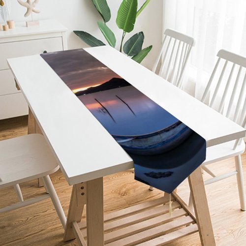 Yanfind Table Runner Boats Dawn Boat Evening Sunrise Ocean Sea Wooden Dusk Lake Reflection Sunset Everyday Dining Wedding Party Holiday Home Decor