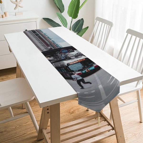 Yanfind Table Runner Bike Bus Street City Design Pedestrian Lights Downtown Roadway Cityscape Automobiles Intersection Everyday Dining Wedding Party Holiday Home Decor