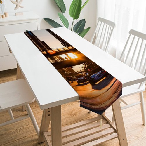 Yanfind Table Runner Blur Golden Tall Street City Dark Footbridge Illuminated Downtown Sunset Traffic Evening Everyday Dining Wedding Party Holiday Home Decor